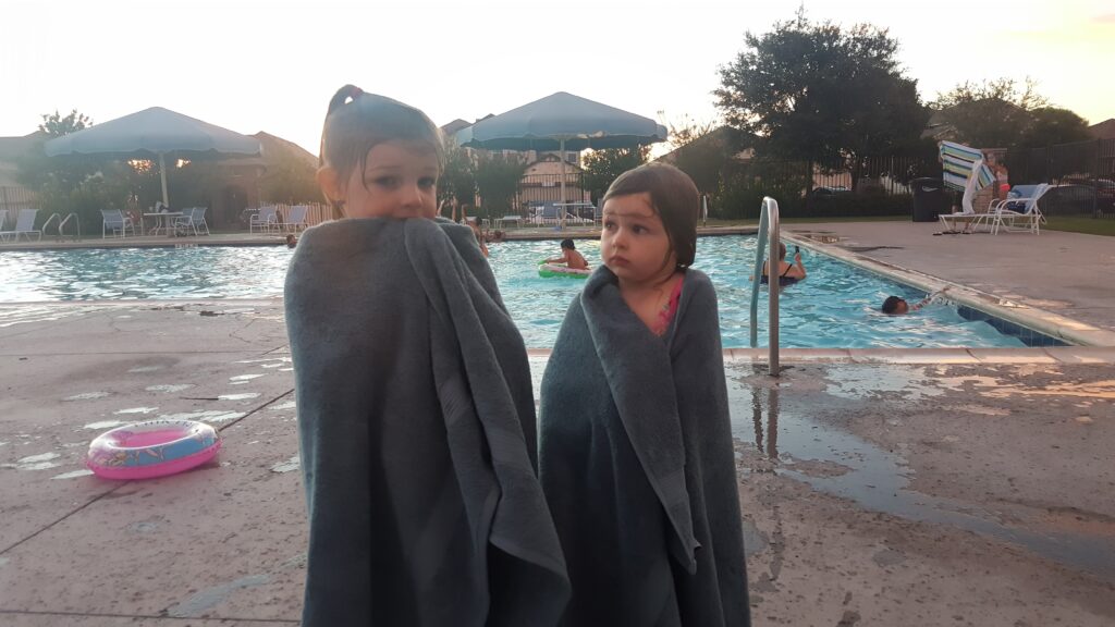 Lilah and Norah first time at neighborhood pool